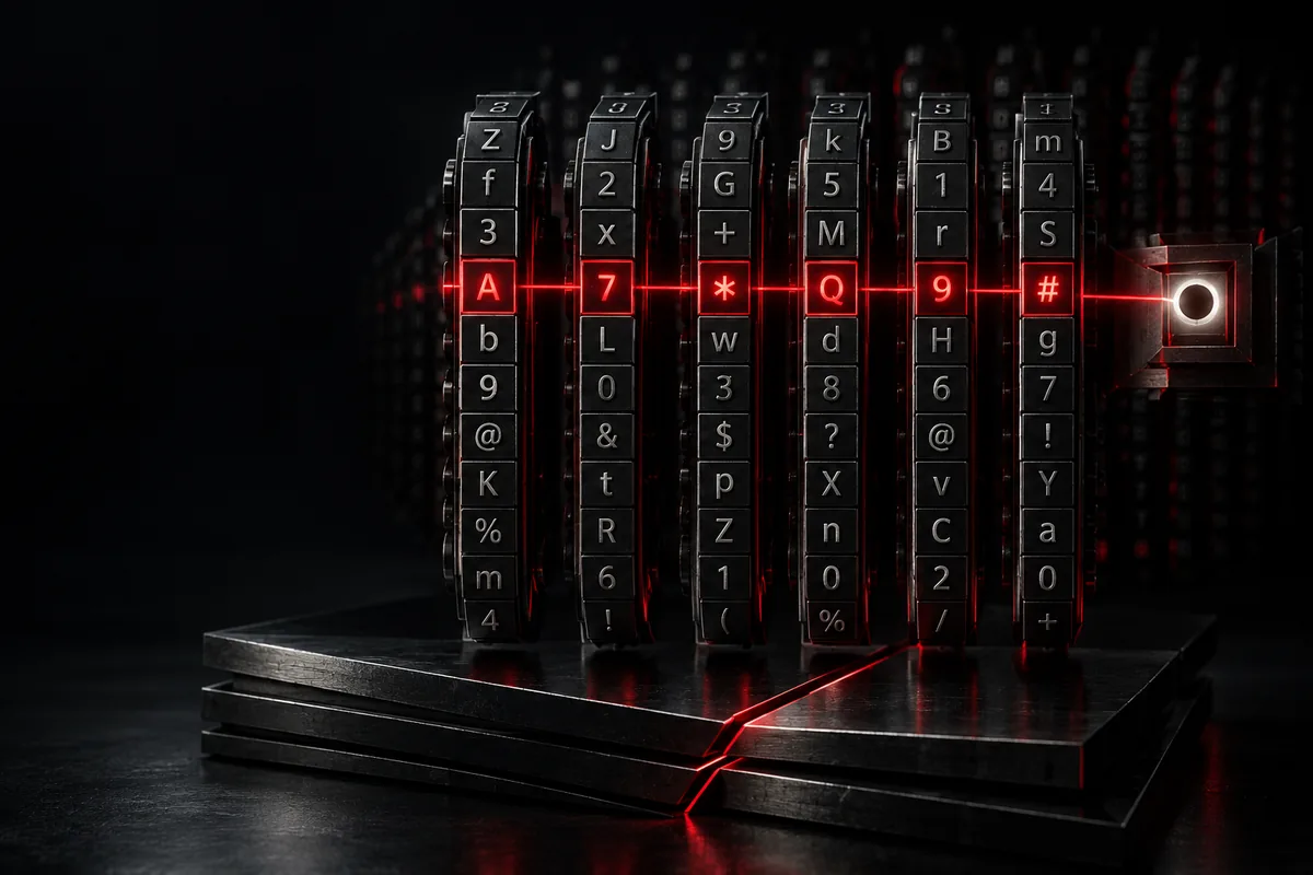 A row of combination dials in the dark, a red beam locking one character on each wheel into place.